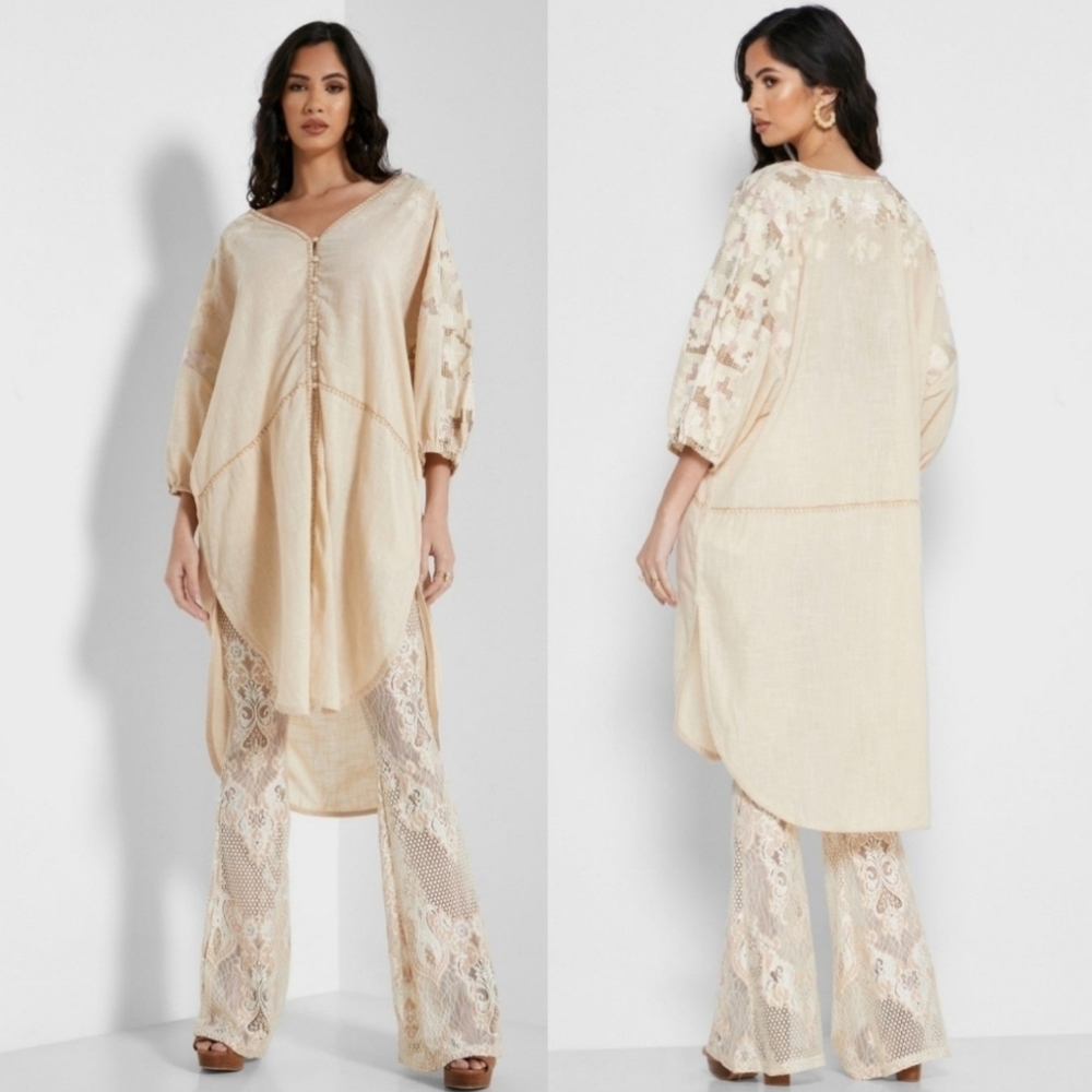 NWT Free People Whole Lotta Love Aztec Balloon Sleeve Dress Size S/M Cream